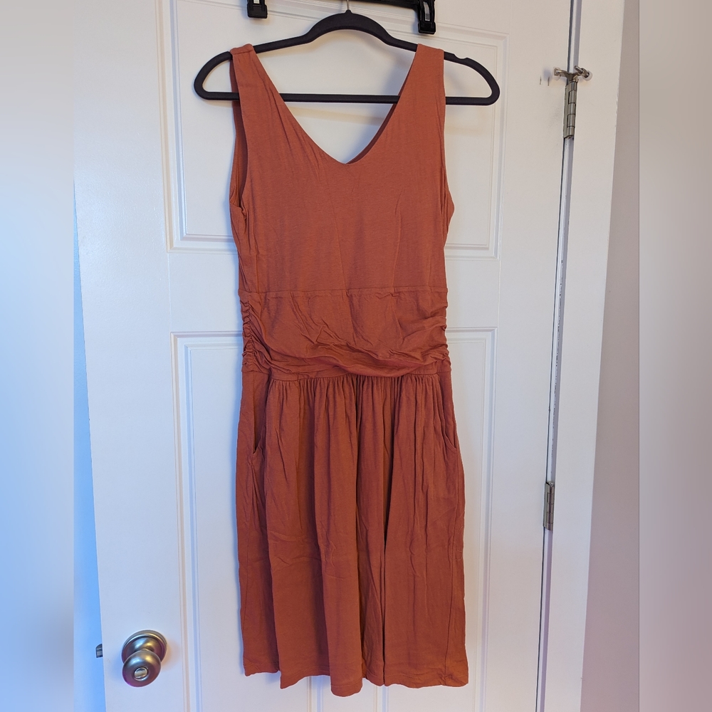 Synergy dress, salmon color, ruched waist, with pockets